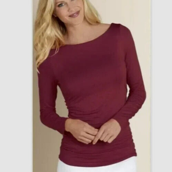 Soft Surroundings Long Sleeve Top Size XL Burgundy Ruched Sides Stretch Jersey - Picture 1 of 6